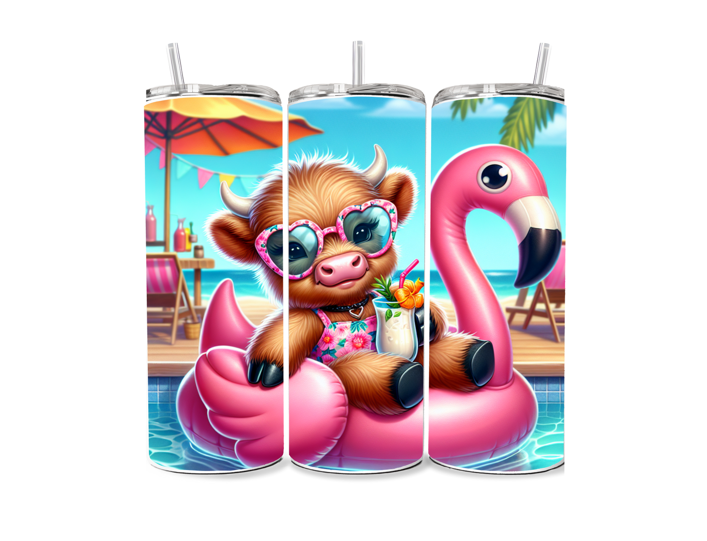 Highland Cow on Flamingo 20 oz Skinny Tumbler