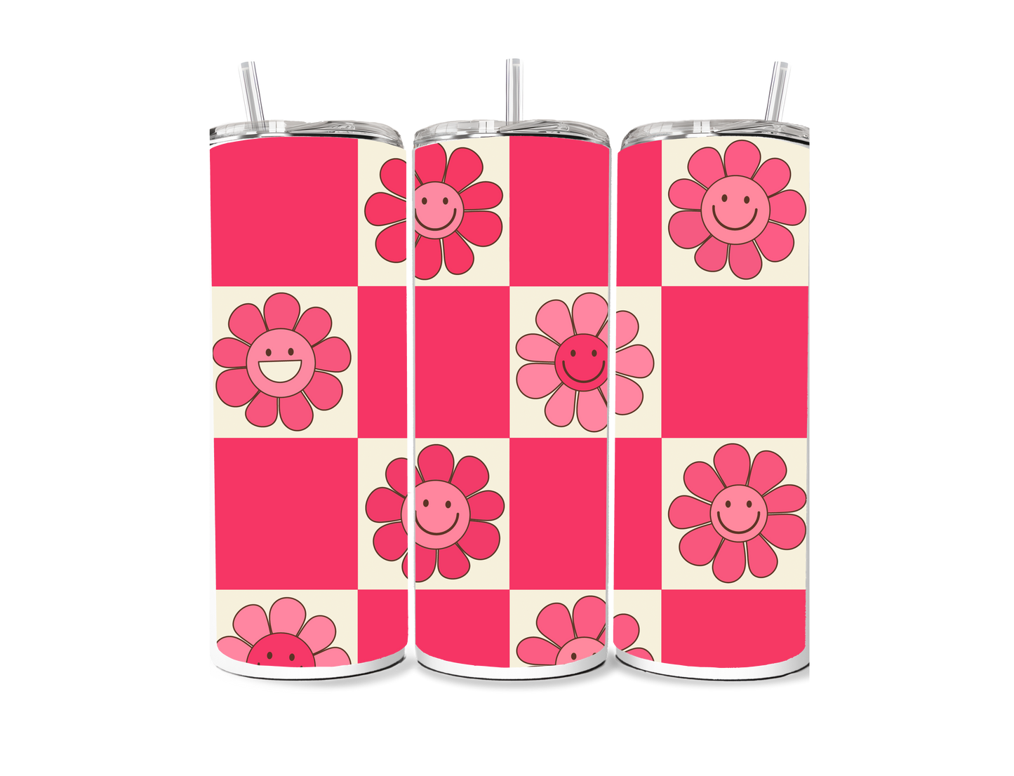 Big Checkered Pink Daisy Smiley 20 oz Skinny Tumbler