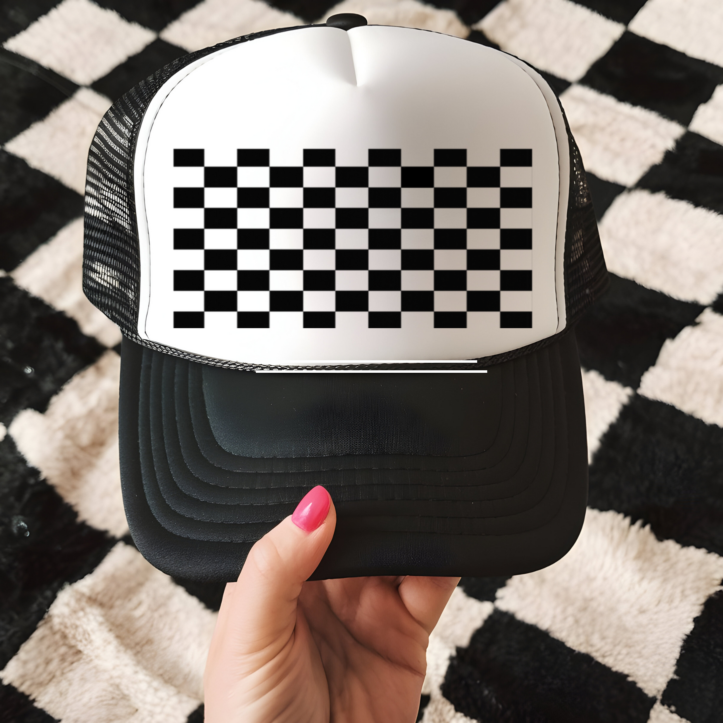 Checkered Backing Trucker Hat Transfer - F2