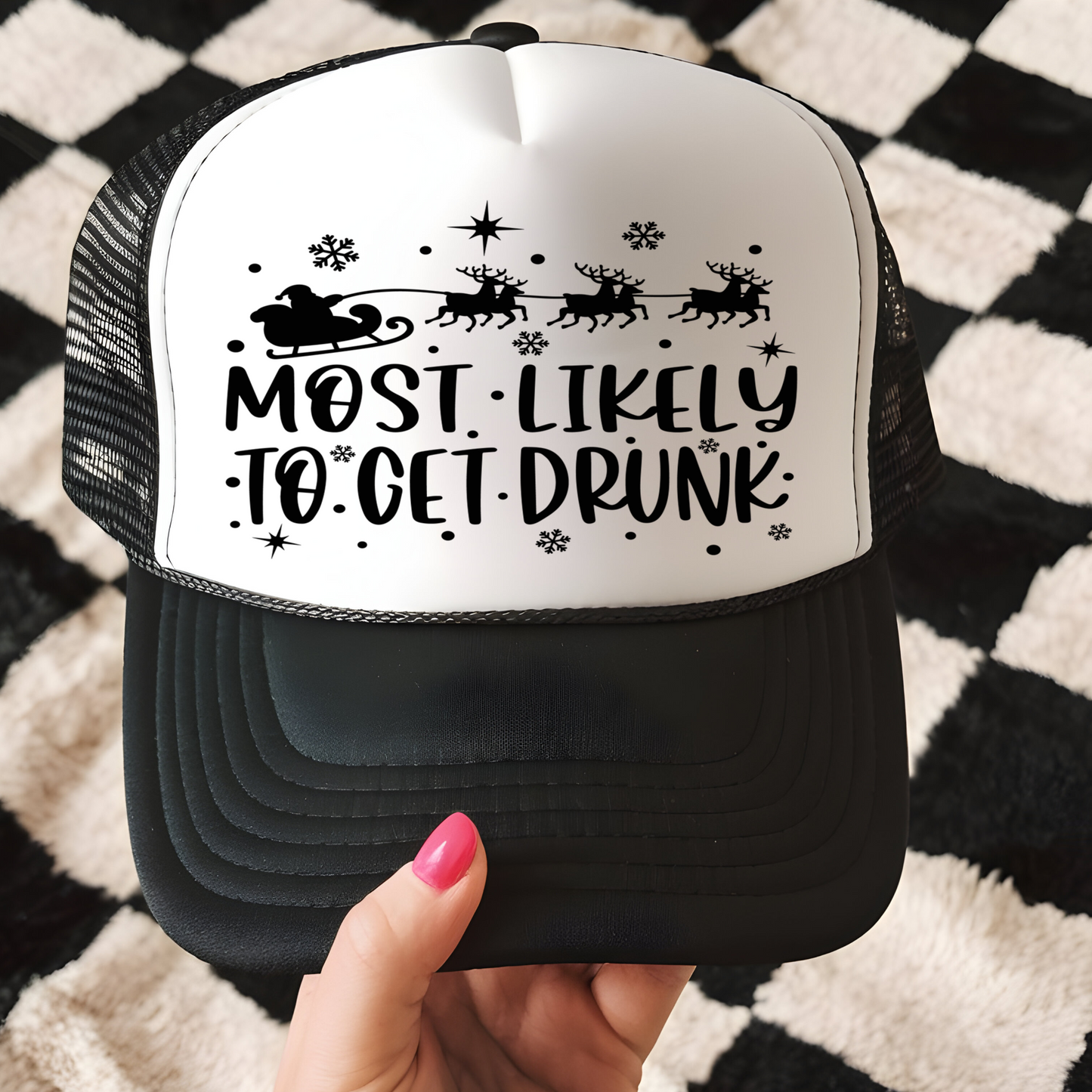 Most Likely to Get Drunk Trucker Hat Transfer - G20