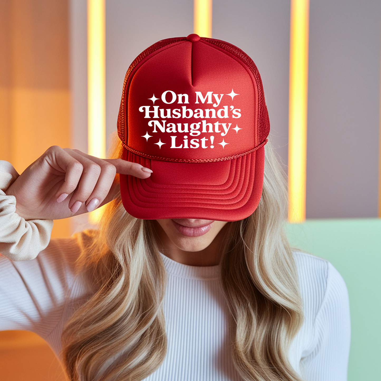 Husband's Naughty List (White) Trucker Hat Transfer - G22