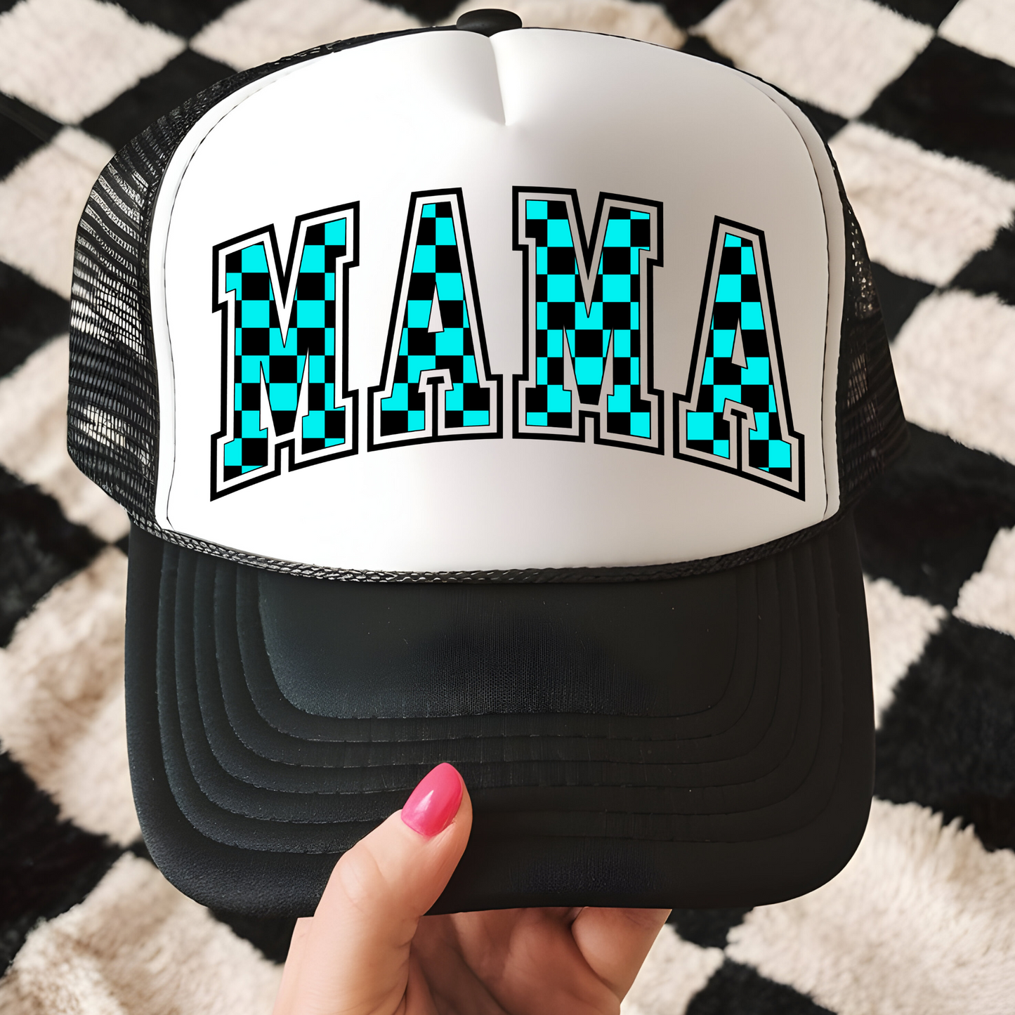 Teal and Black Checkered MAMA Trucker Hat Transfer - G13