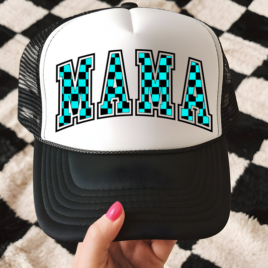 Teal and Black Checkered MAMA Trucker Hat Transfer - G13