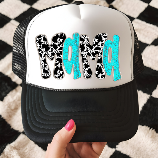 Cow Print and Turq MAMA Trucker Hat Transfer - T9