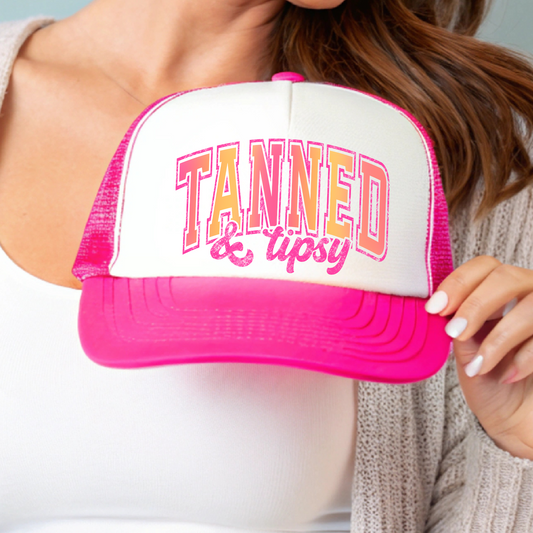 Tanned and Tipsy (orange and pin) Trucker Hat Transfer - T9