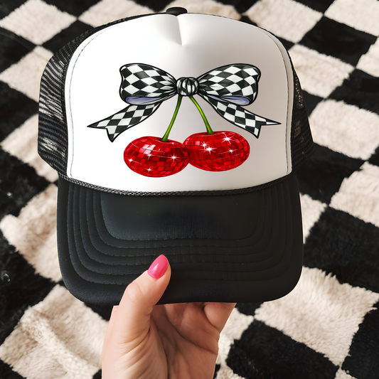 Checkered Bow Cherries Trucker Hat Transfer - G20