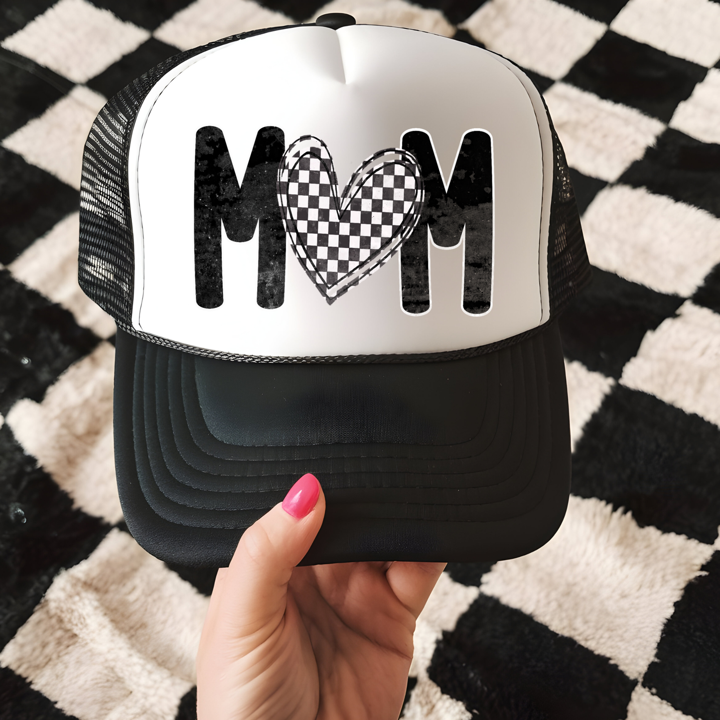 Mom Checkered Heart Hat Transfer - T3