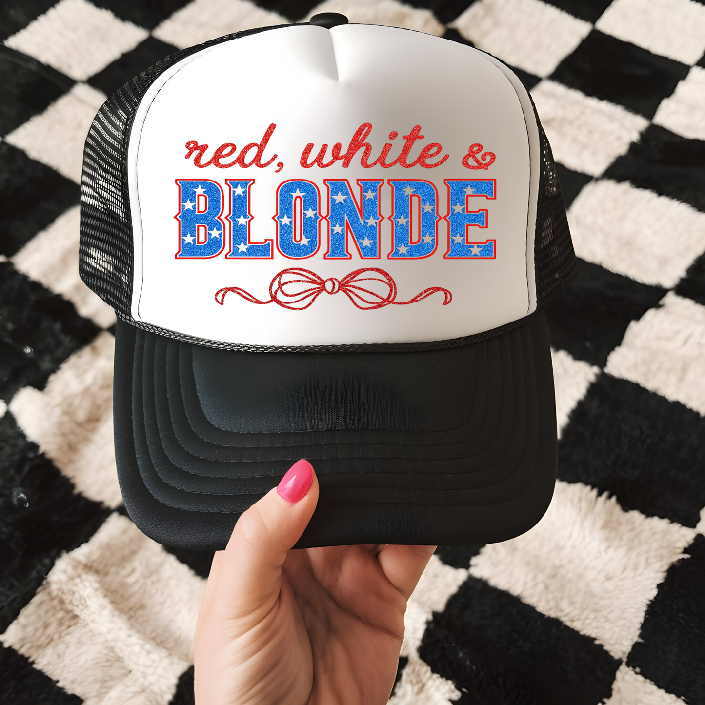 Red White and Blonde Hat Transfer - T1