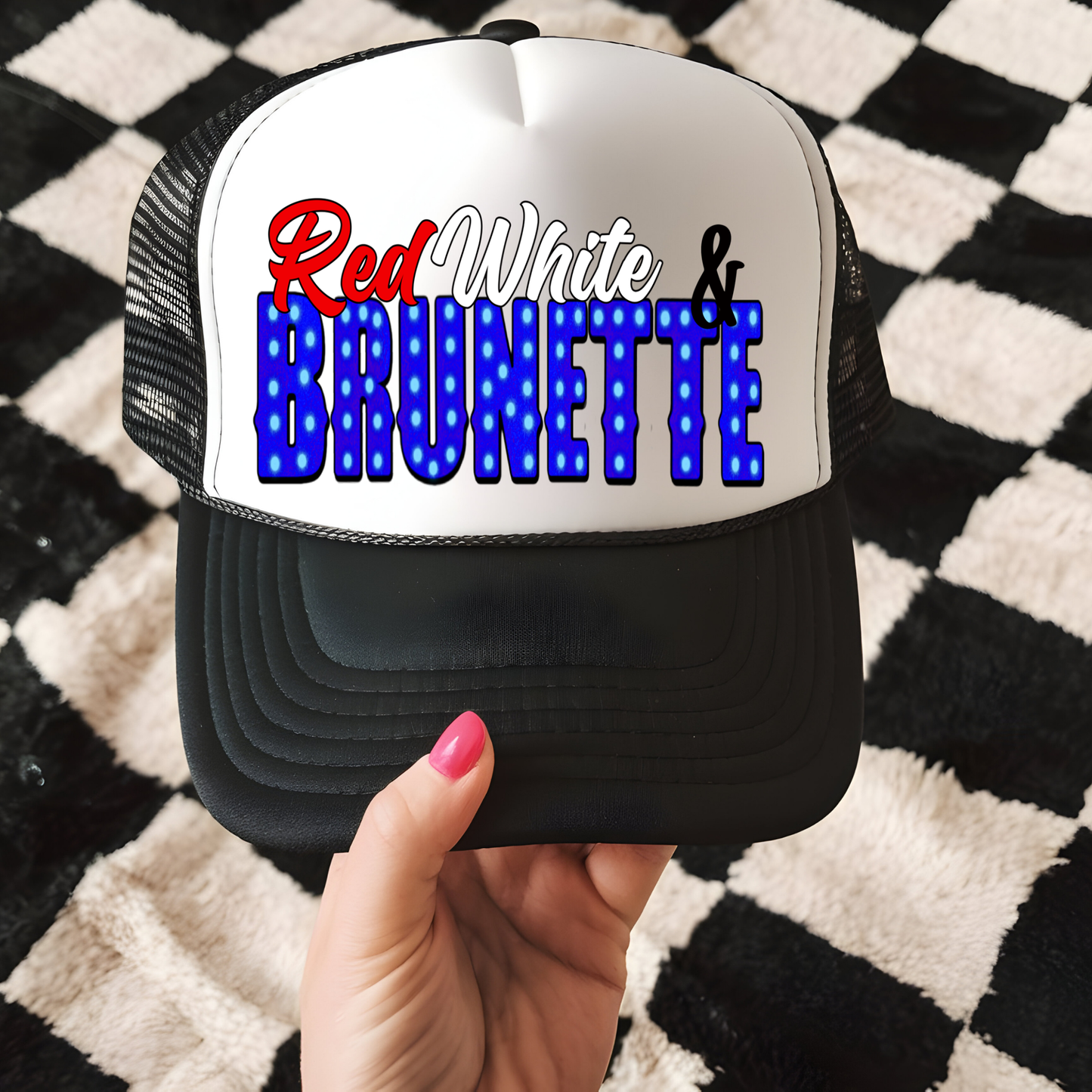 Red White and Brunette Hat Transfer - F7