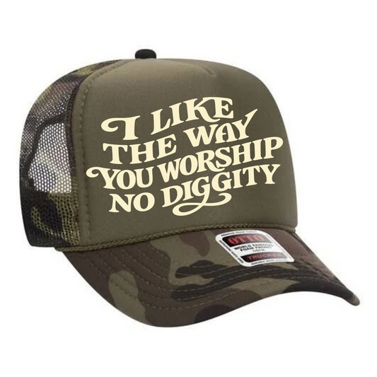 Worship, No Diggity Trucker Hat Print - F10