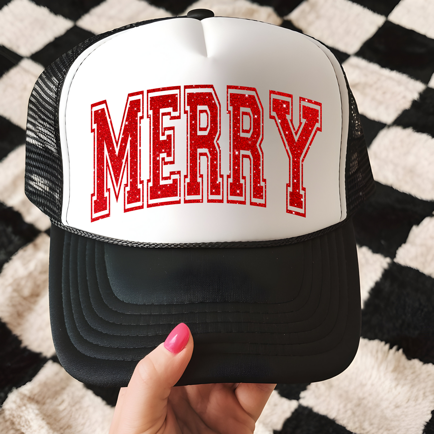 Sparkly Merry Trucker Hat Transfer - G20